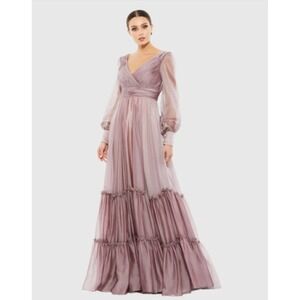 Mac Duggal‎ Dress Gown Faux Wrap Illusion Bishop Sleeve Tiered